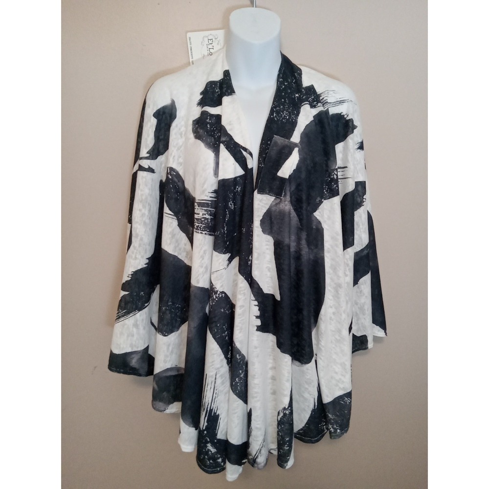 Et' Lois Black White Strokes Pattern Multi Function Shawl Knit Cardigan One Size